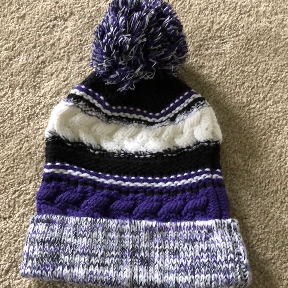 Purple, black and white hat